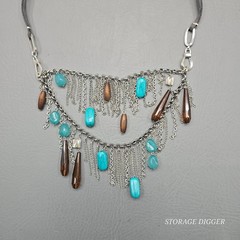 VTG Turquoise And Brown Crystals Silver Chains Leather Cord Necklace 30″ Long