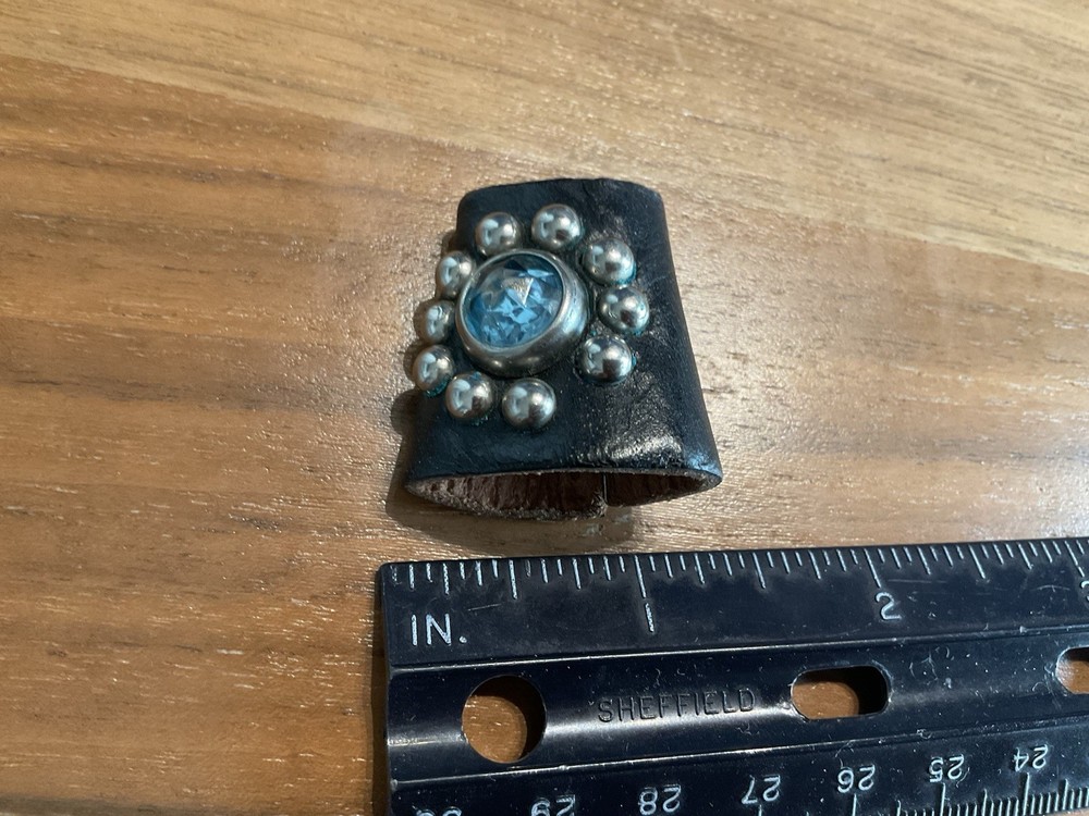 Vintage Western Black Leather Bandana Slider Jewel Studded Scarf Ring