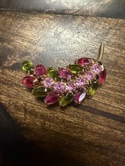 Vintage Gold Tone Domed Leaf Pin/Brooch w/ Pink and Green Prong Set Glass Stones