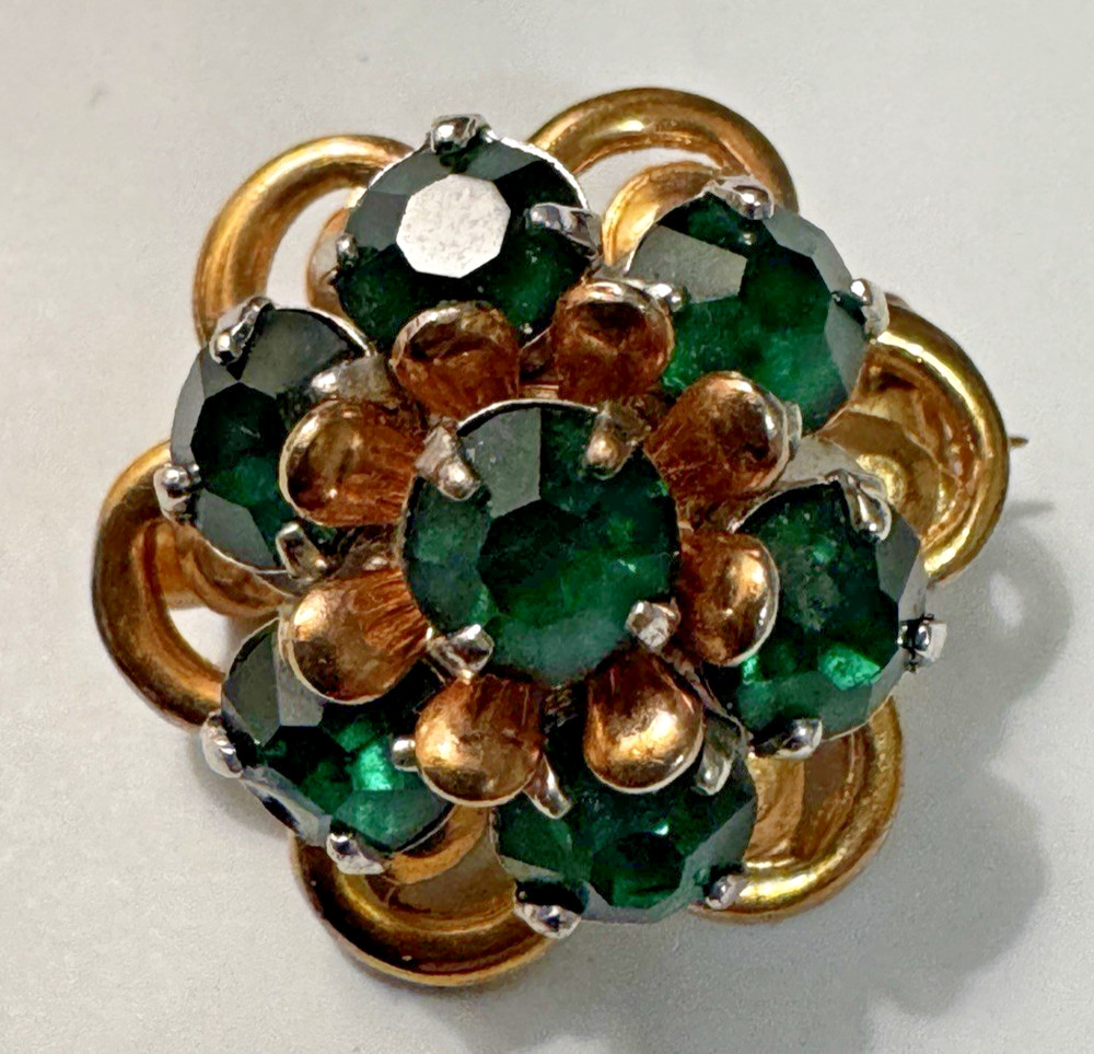 Vintage Designer Barclay Green Rhinestone Flower Brooch Gold Tone Old Money