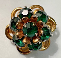 Vintage Designer Barclay Green Rhinestone Flower Brooch Gold Tone Old Money