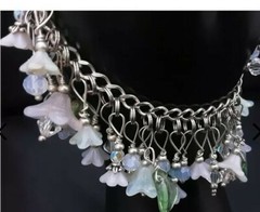 VTG Sterling Charm Braclet Pastel Dangle Opalescent Beads Flower Glass Lampwork