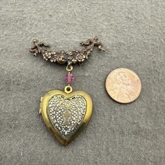 Vintage Heart Shaped Filigree Floral Pendant Pinback Locket Gold Tone