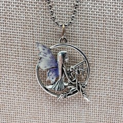 Vintage 90s Silver Tone Enamel Fairy Pendant Necklace Ball Chain Boho Jewelry