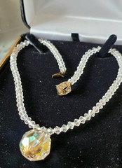 CZECH AURORA BOREALIS CRYSTAL BALL w CRYSTAL CHAIN PENDANT NECKLACE☆FILIGREE CAP