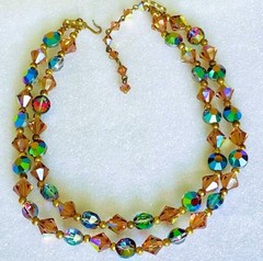 Vintage 1960s Two Strand Topaz Brown Blue Green Carnival Crystal Glass Necklace