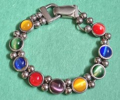 Vintage Colorful CAT’S EYE STONE Chain Magnetic Clasp Bracelet In Silver Tone