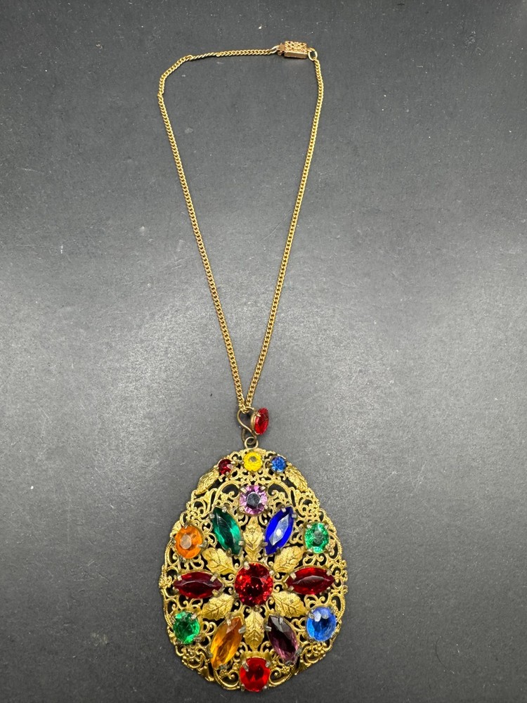 Art Deco Fruit Salad Color Czech Art Glass Filigree Pendant/Necklace