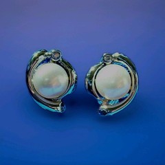 Original Elegant Pearl DIAMOND European Earrings Deco Design Syle Studs 14K GOLD