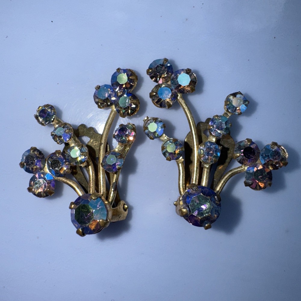 Vintage Earrings Aurora Borealis Rhinestone & Gold-Tone Clip-On, Made In Austria