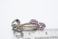 Vintage Sterling Silver 925 Amethyst Marcasite Flower Brooch Pin