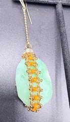 Artisan Green Orange Beaded Dangle Earrings Gold Tone Faceted Drops