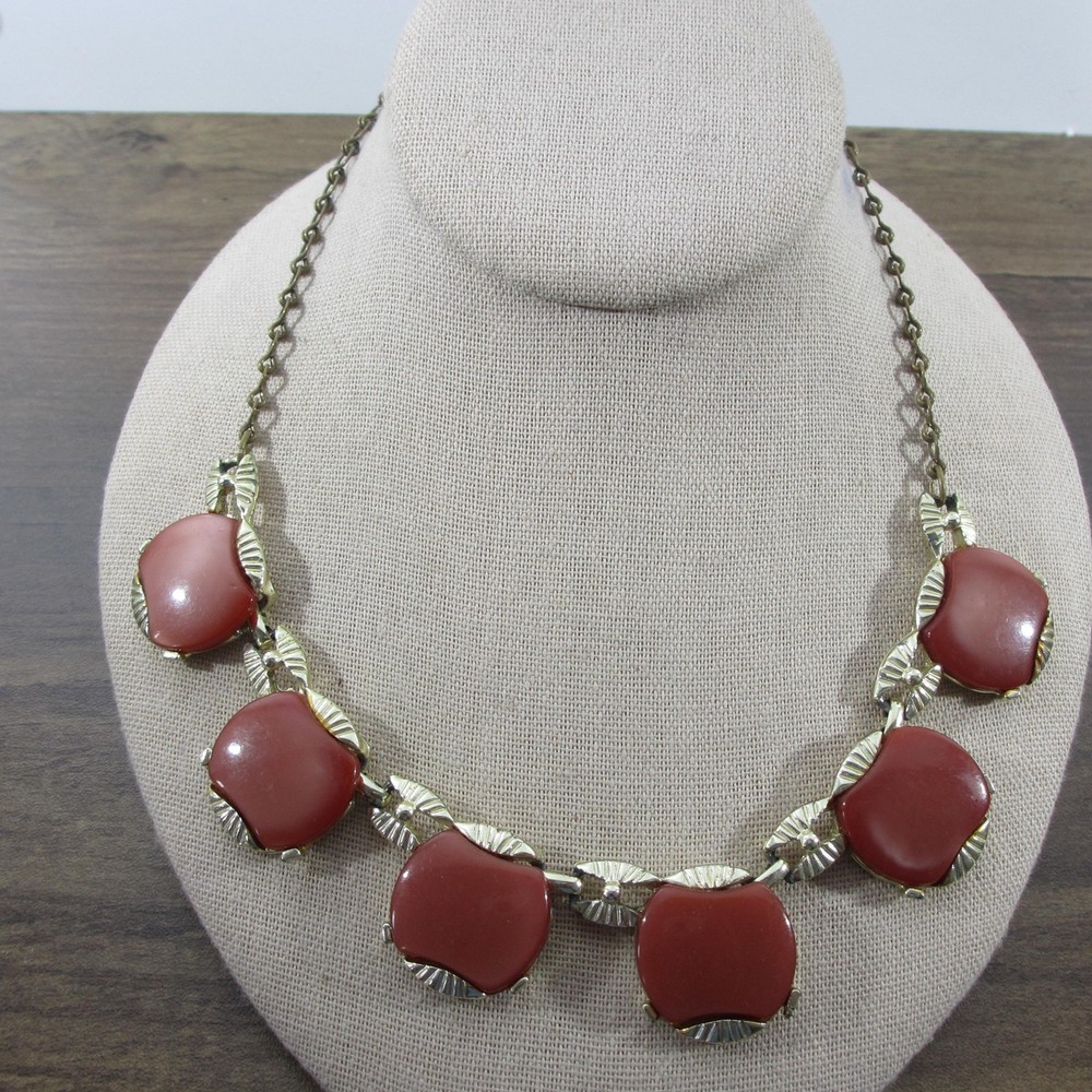 Vintage Thermoset Necklace Red Gold Tone 18 Inch