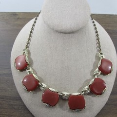 Vintage Thermoset Necklace Red Gold Tone 18 Inch