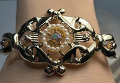 Vintage Aurora Borealis Pink Rhinestone Bracelet Gold Tone Ornate Open Work MCM