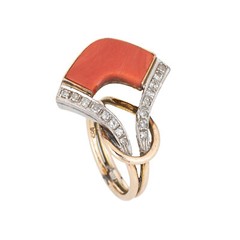 Vintage 70s Coral Diamond Ring Abstract 14k Yellow Gold Sz 4.75 Estate Jewelry