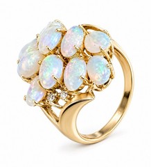 Modernist 14K Gold Opal Cluster Ring 12 Natural Opals Size 7.75 Vintage Fire!