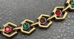 VTG 80s SWAROVSKI SWAN Gold Tone Hexagon Link Bracelet Green Purple Red Crystal