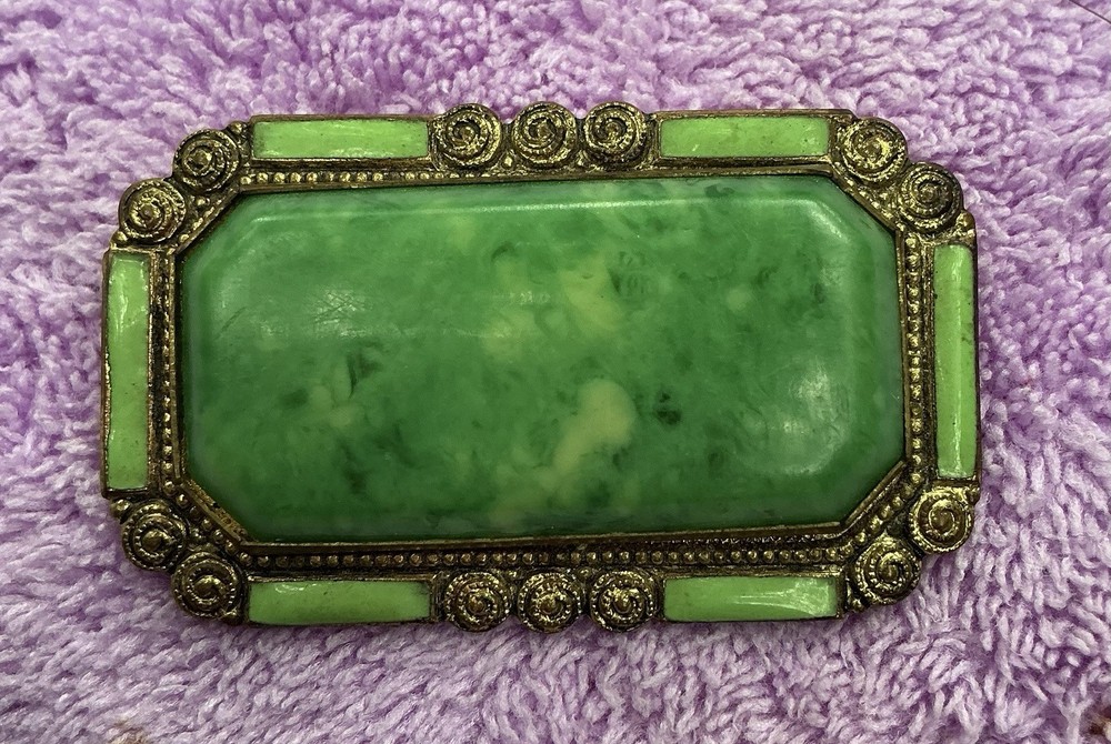 Art Deco Peking Glass Brooch Brass Filigree Enamel Pin Trombone Clasp 1920’s