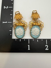 Vintage West Germany Blue Rose Cameo Brooch Earrings Set Clip On Gold Tone