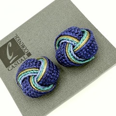Charming Blue & Green Knotted Fabric Silk Post Back Earrings