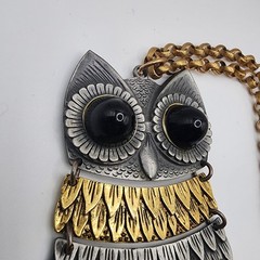 Large Vintage Retro Silver/Gold Tone ARTICULATED OWL Pendant Necklace 22″ Chain!