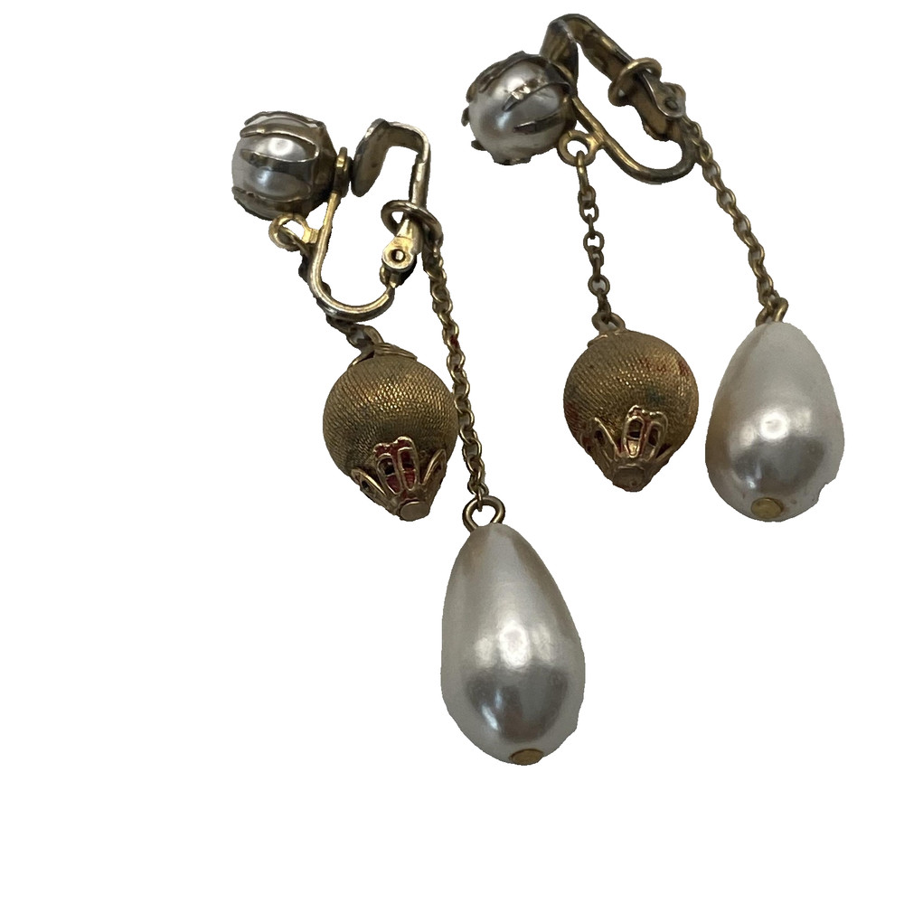 Vintage Gold Tone Faux Pearl Teardrop Earrings Womens Screw Back 2.5 In Jewelry