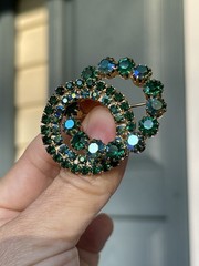 Vintage AB Green Blue Crystals Rhinestones Brooch 2 Circles Wreaths