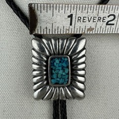 Vintage Silver Pewter Turquoise Chip Inlay Western Bolo Tie Nickel Silver Tips