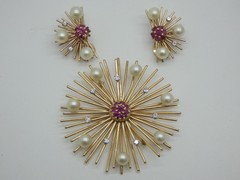 Mid Century Solid Gold Starburst Brooch & Earring Set w/ Pearls Diamonds Rb