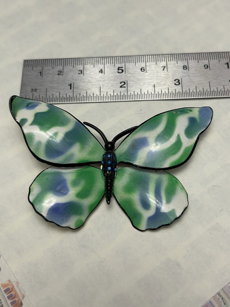 Vintage Mod 60s Pretty Blue Enamel Painted Metal Layered Butterfly Brooch Pin