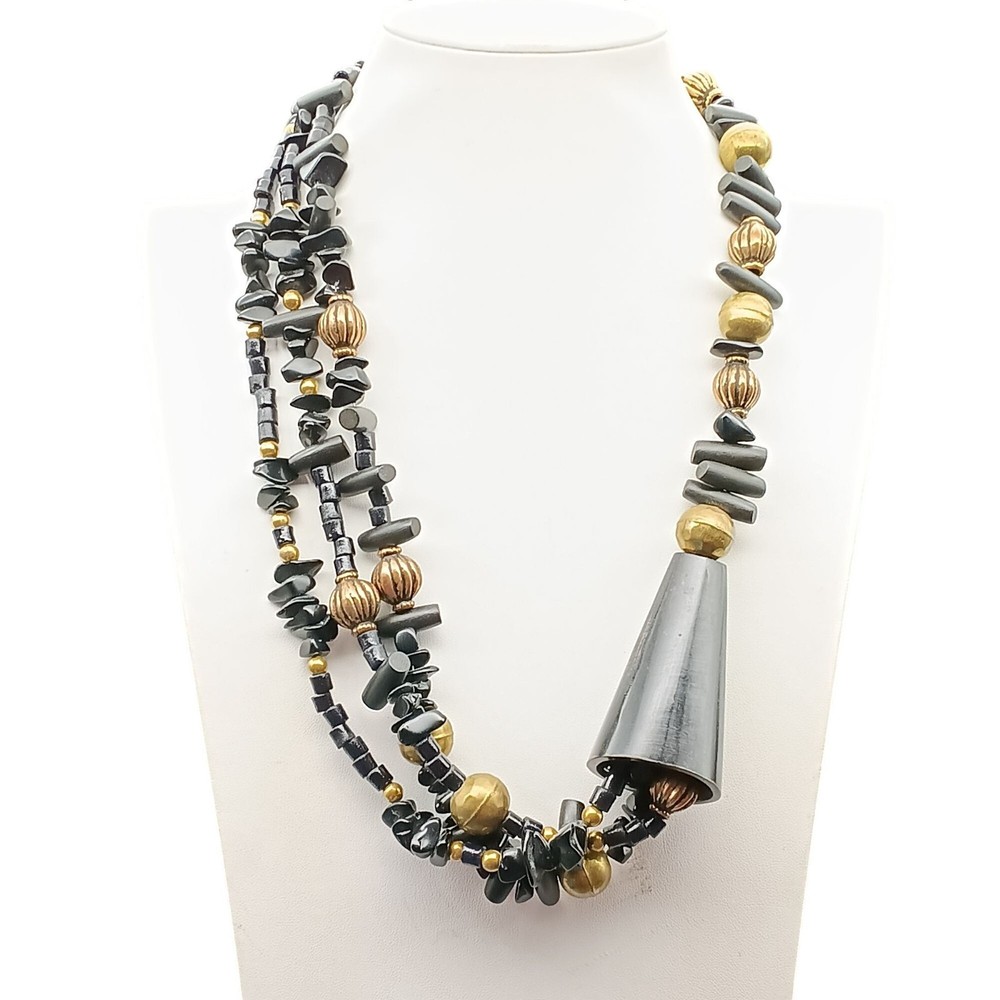 Fabulous Vintage Roxsann Asymmetrical Multi-Strand Black Stone & Brass Beaded