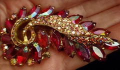 VTG Rhinestone Swirl Brooch Prong And Earing Set Ruby Red Marquise & Red AB NICE