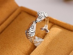 Retro 925 Sterling Silver Goldfish Open Ring Adjustable Animal Jewelry Women