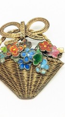 Chinese Export Gold Gild Brass Silver Enamel Flower Basket Pin Brooch Vintage