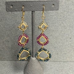 Long Teardrop Drop Earrings 3.5 In Gold Pink Blue Seed Beads Dangle Retro Glam