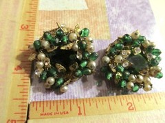 VtG Haskell Style Wired Green Glass Bead Faux Pearl & Rhinestone Clip Earrings