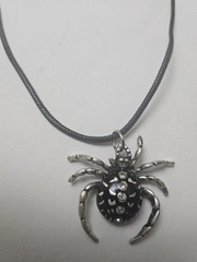 Vintage Style Spider Pendant Necklace Black Enamel Rhinestone Silver Tone Gothic