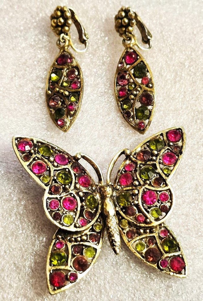 Hollycraft Vintage Pastel Butterfly Rhinestone Brooch Pin & Earrings Set