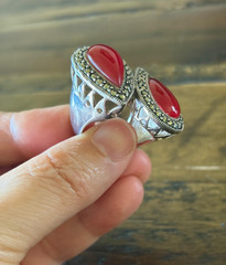 Marcasite Sterlling Silver Chunky Double Stone Garnet Ring Size 8