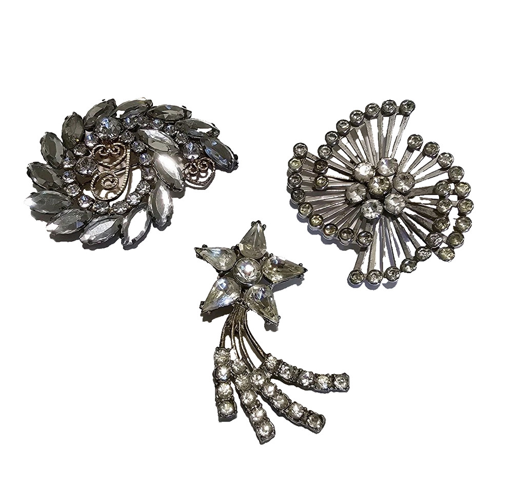Lot Of 3 VTG Rhinestone Brooches 2 To 2.5 Inches Prong Settings Unsigned