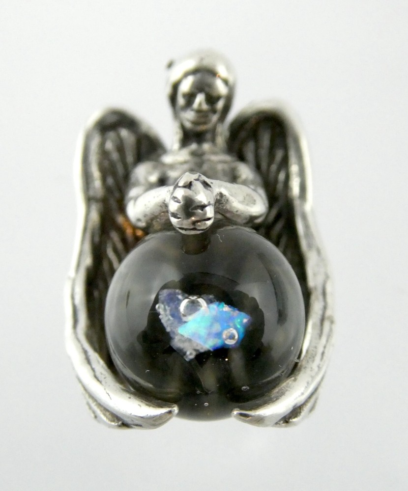 Vintage Unmarked Sterling Silver Angel Holding Opal in Resin Pendant 6.5g .75 In