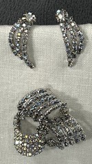 Aurora Borealis Ribbon Rhinestone Brooch Clip Earrings Set Unsigned Silver Tone