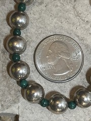 27. Vintage 925 Sterling Silver Ball Green Malachite Beaded Necklace 18″, 41.4g