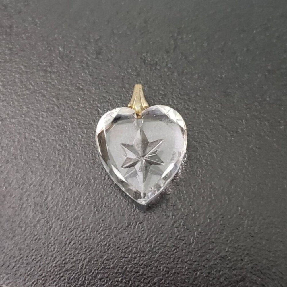 Vintage Pendant Clear Heart with Engraved Star – No Chain Included