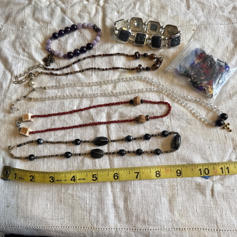 Vintage Lot 5 Necklace 2 Bracelet Metal, Glass, Stone, Plastic Beaded Jewelry