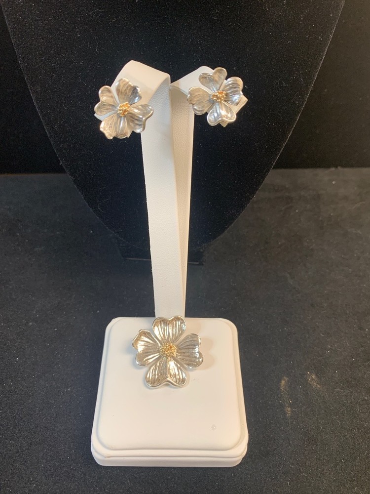 Vtg. MFA STERLING Silver & Detail 14KT Pin / Pendant W/Matching Earrings Flowers