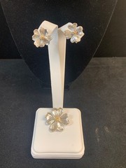 Vtg. MFA STERLING Silver & Detail 14KT Pin / Pendant W/Matching Earrings Flowers