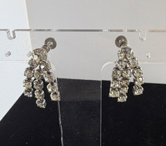 Clear Rhinestone & Silver Tone Stretch Cuff Bracelet & Fringe Screw Earrings VTG
