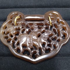 Carved Brown Stone Pendant Gold Tone